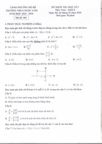Đề thi Học kì 1 Toán 8 năm 2025-2026 trường THCS Ngọc Lâm (Hà Nội)
